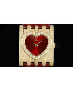 Corum Heart Shaped Diamond Set Ladies 18k Yellow Gold Red Dial 165.261.65