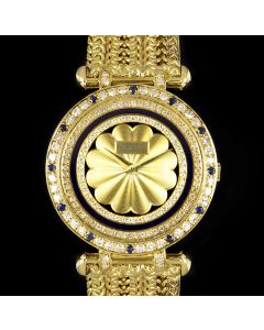 DeLaneau Unworn Dress Watch NOS Ladies 18k Yellow Gold Champagne Dial Diamond & Sapphire Set