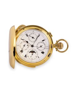 Full Hunter Minute Repeating Calendar Pocket Watch Vintage Men's 18k Yellow Gold White Enamel Dial