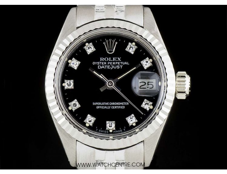 Rolex 18k White Gold Black Diamond Dial Vintage Datejust Ladies 6917 ...