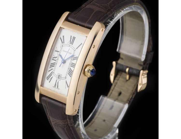 Cartier Tank Americaine Mid Size 18k Rose Gold Silver Guilloche Dial W2620030