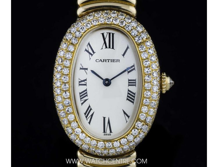 Cartier 18k Yellow Gold Diamond Bezel Baignoire Ladies Wristwatch B&P ...