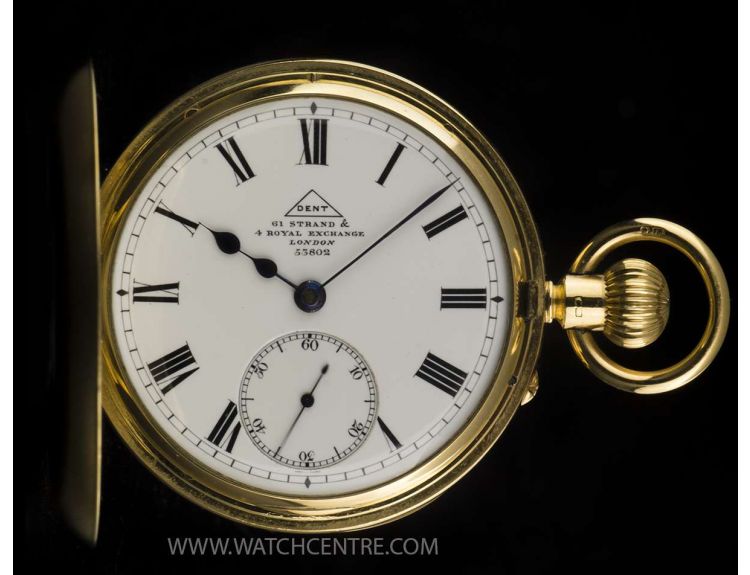 Dent 18k Yellow Gold White Enamel Dial Half Hunter Pocket Watch
